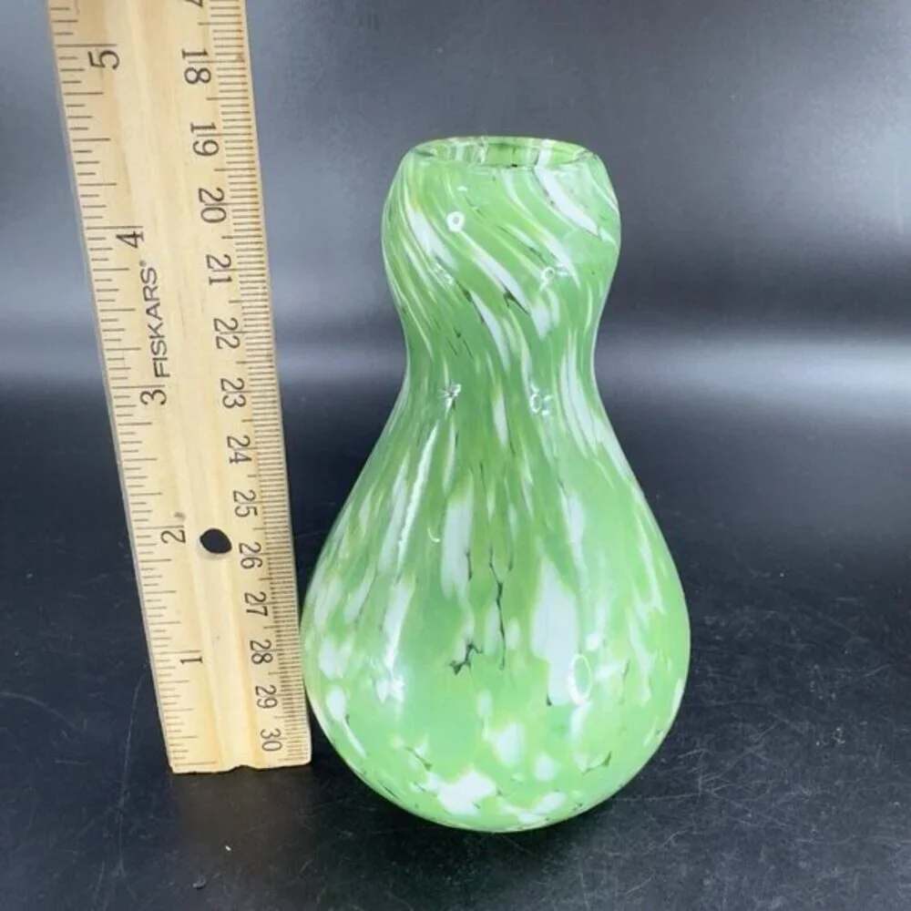 Studio Hand Blown Bottle Shaped Glass Vase‎ Bud Vase Green White Spots Vintage